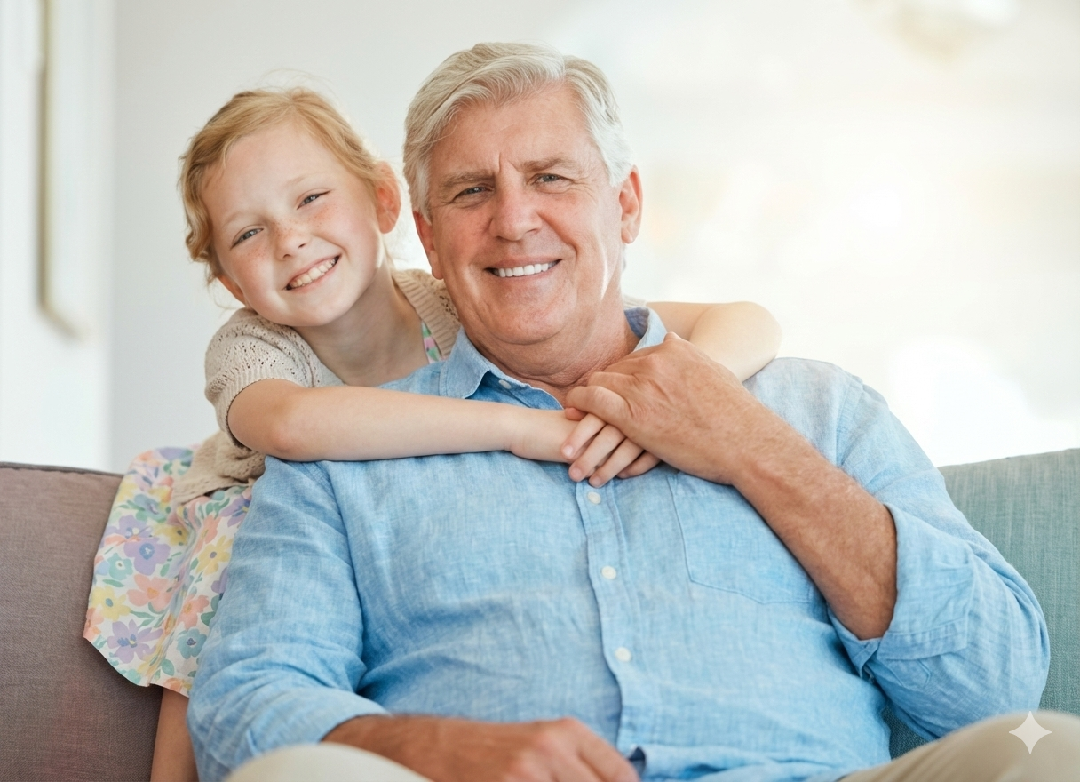 Happy grandfather and granddaughter smiling together